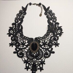 Black Lace Choker Necklace Dangling Gem Bib Art to Wear Statement Gothic Grunge
